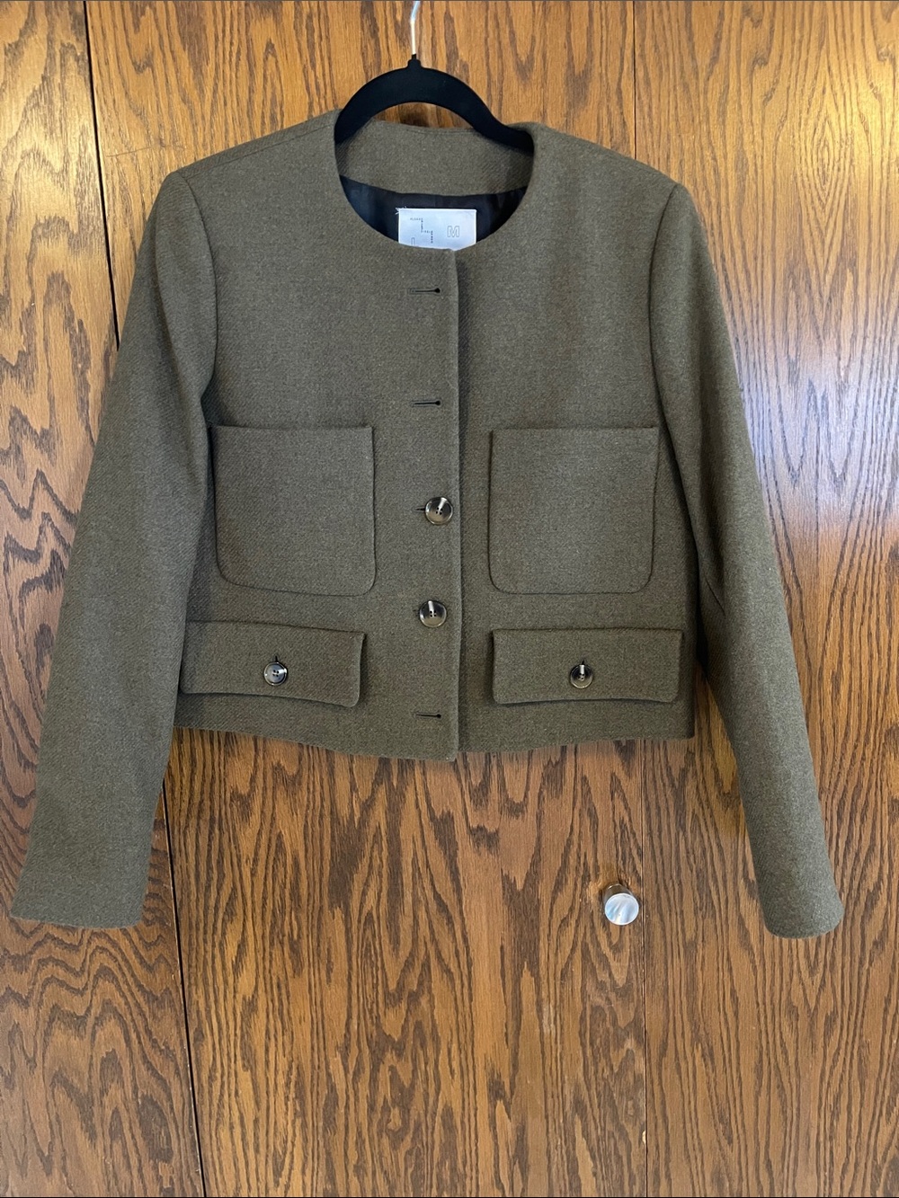 Mango Olive Collarless Cropped Blazer